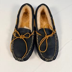 Minnetonka Men’s 9 Sheepskin Lined Black Moosehide Slippers Rawhide Lace